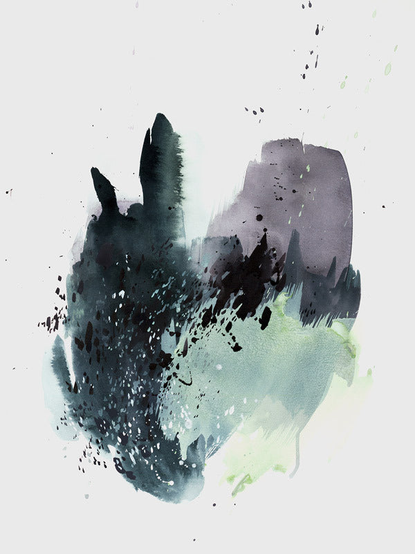 Atlas Unframed Art Print by Urban Road features abstract watercolor splashes of black, green, blue, and teal with bold brushstrokes and scattered droplets, creating an expressive piece of art.
