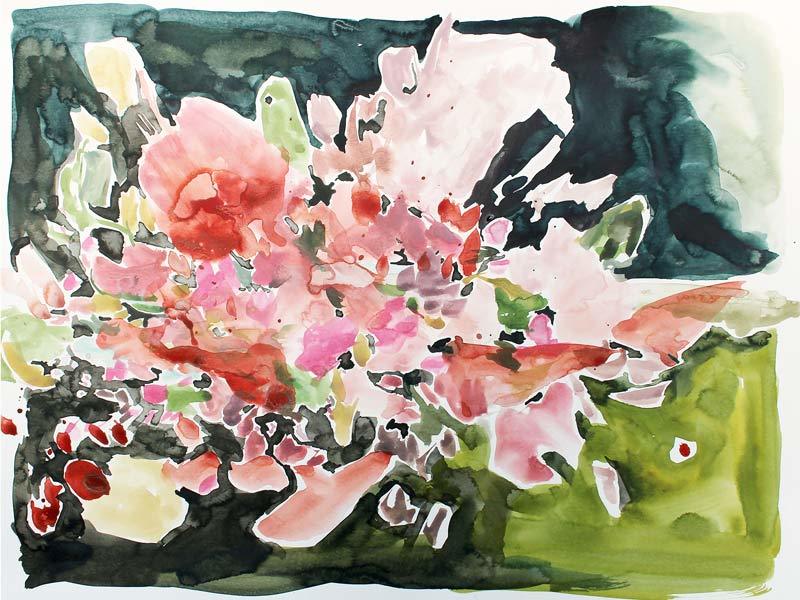 The Merci Bouquet Unframed Art Print by Urban Road features an abstract watercolor of flowers in vibrant pink, red, and green tones set against a contrasting background, with expressive brushstrokes evoking a dreamy botanical impression.