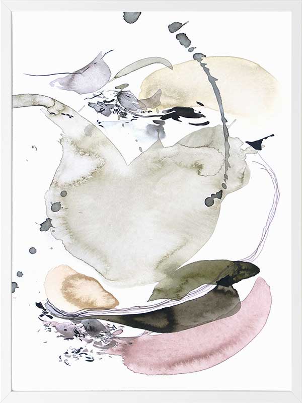 Christina Kwan abstract artwork featuring soft greens, blush pinks, and gentle greys, perfect for contemporary home decor.