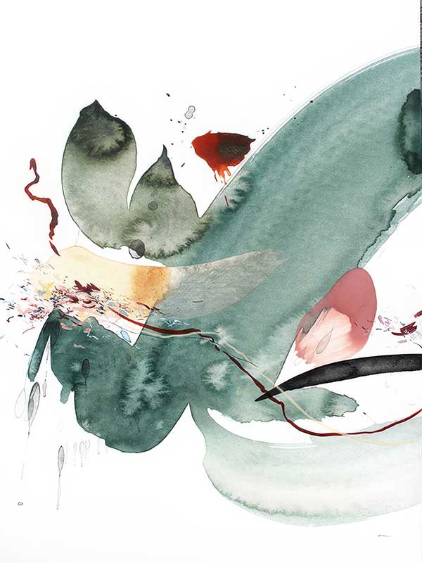 Abstract artwork by Christina Kwan featuring emerald green, deep reds, and blush tones in fluid, energetic shapes.