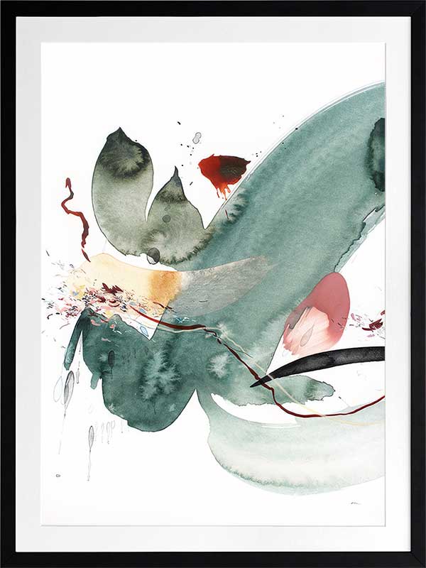 Abstract artwork by Christina Kwan featuring emerald green, deep reds, and blush tones in fluid, energetic shapes.