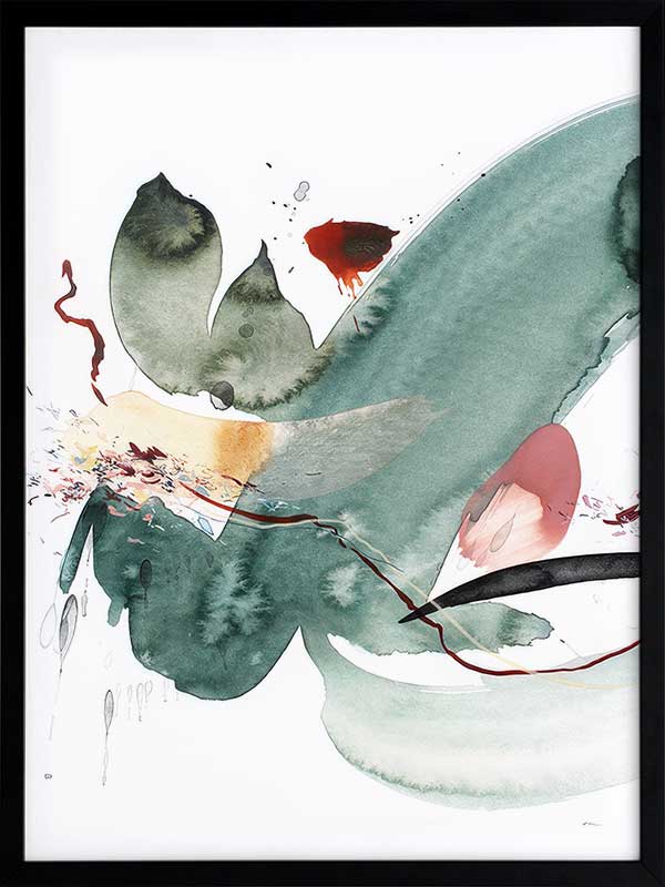 Abstract artwork by Christina Kwan featuring emerald green, deep reds, and blush tones in fluid, energetic shapes.