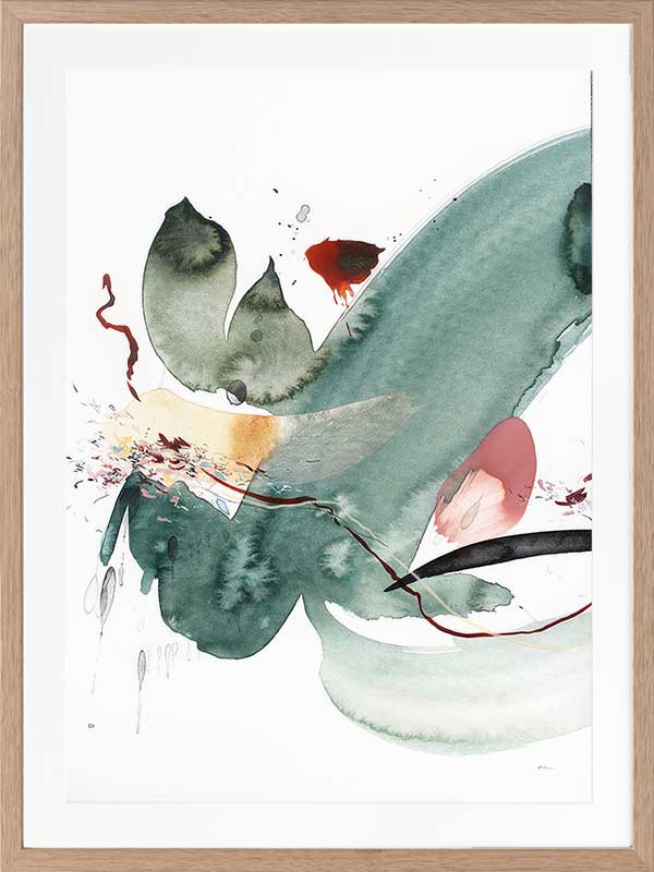 Abstract artwork by Christina Kwan featuring emerald green, deep reds, and blush tones in fluid, energetic shapes.