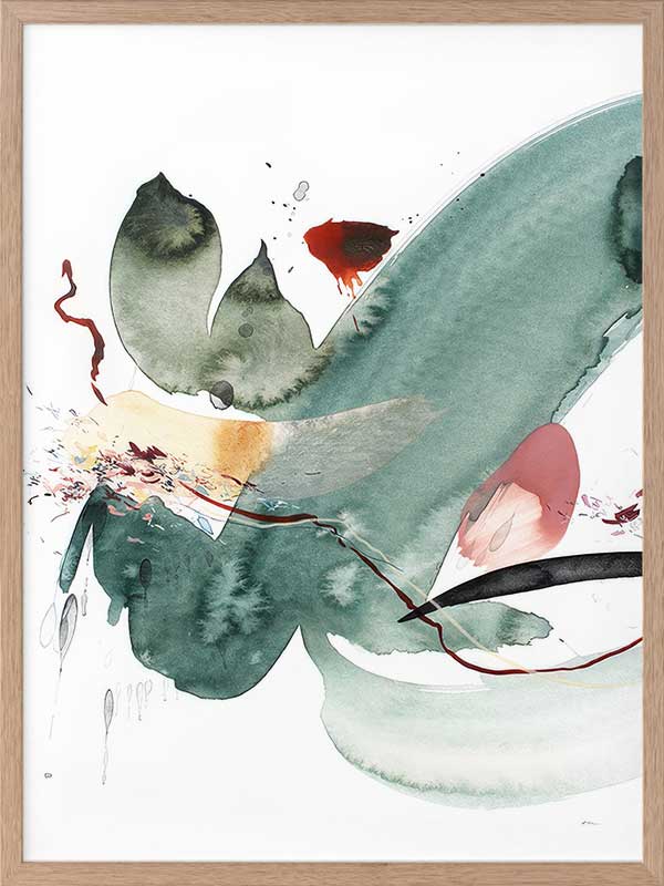 Abstract artwork by Christina Kwan featuring emerald green, deep reds, and blush tones in fluid, energetic shapes.