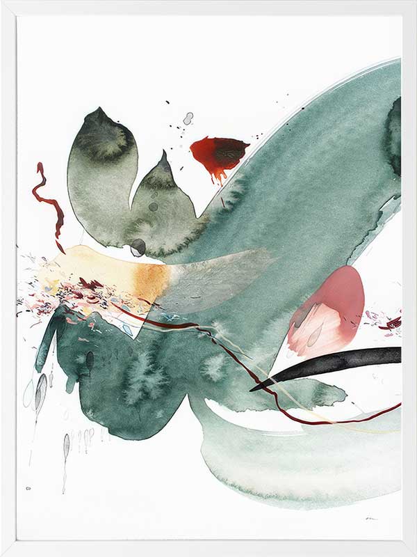 Abstract artwork by Christina Kwan featuring emerald green, deep reds, and blush tones in fluid, energetic shapes.