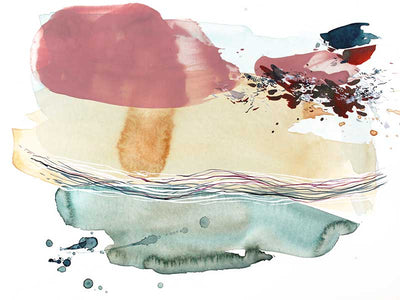 Abstract artwork by Christina Kwan with coastal-inspired colours of teal, blush pink, amber, and deep blues.