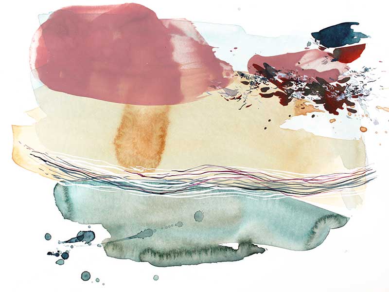 Abstract artwork by Christina Kwan with coastal-inspired colours of teal, blush pink, amber, and deep blues.