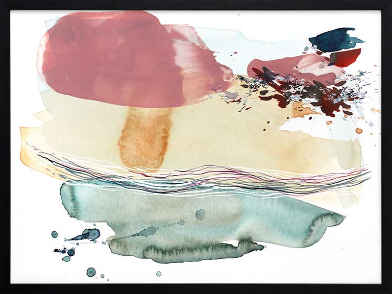 Abstract artwork by Christina Kwan with coastal-inspired colours of teal, blush pink, amber, and deep blues.