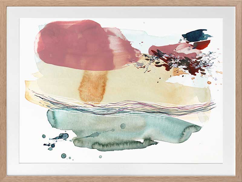 Abstract artwork by Christina Kwan with coastal-inspired colours of teal, blush pink, amber, and deep blues.