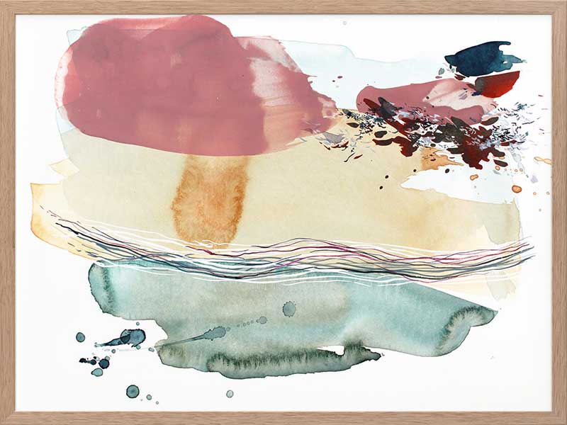 Abstract artwork by Christina Kwan with coastal-inspired colours of teal, blush pink, amber, and deep blues.