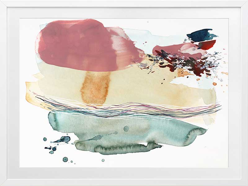 Abstract artwork by Christina Kwan with coastal-inspired colours of teal, blush pink, amber, and deep blues.