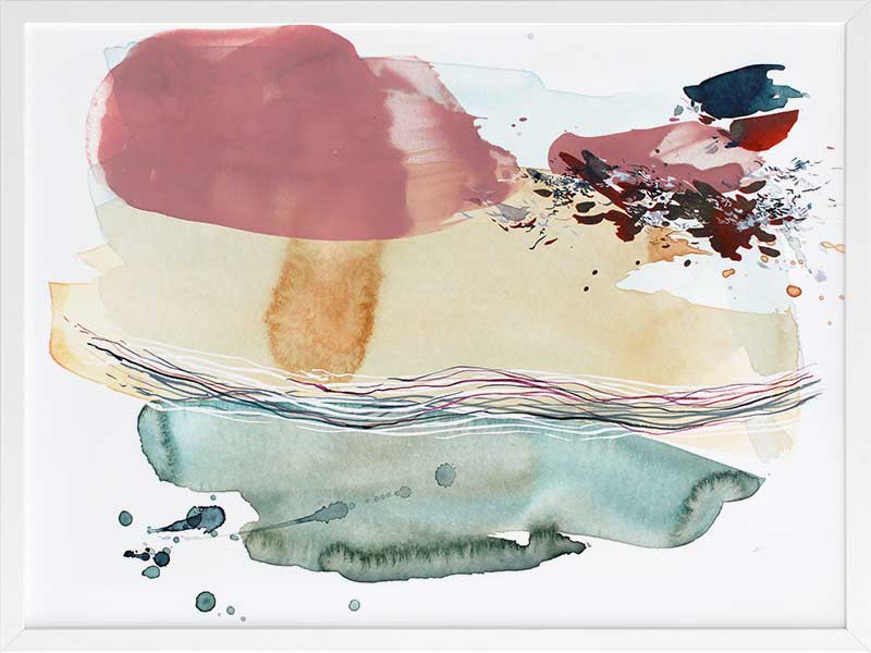 Abstract artwork by Christina Kwan with coastal-inspired colours of teal, blush pink, amber, and deep blues.