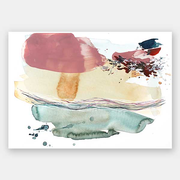 Abstract artwork by Christina Kwan with coastal-inspired colours of teal, blush pink, amber, and deep blues.