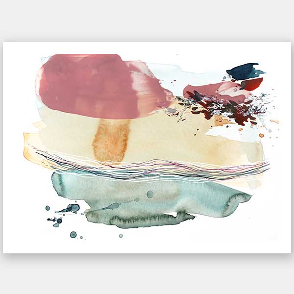 Abstract artwork by Christina Kwan with coastal-inspired colours of teal, blush pink, amber, and deep blues.