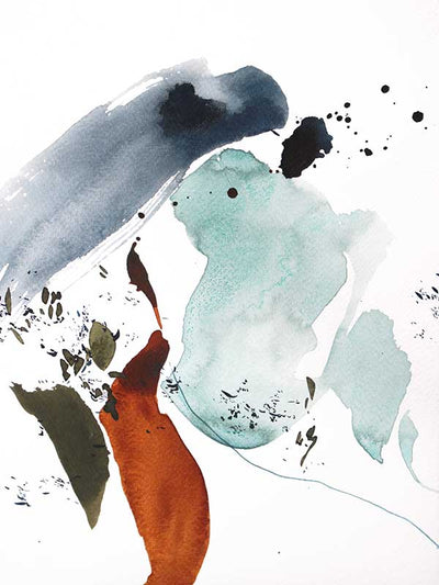 Christina Kwan abstract artwork depicting fluid forms in watery blue, rust, teal, and muted grey tones for serene interiors.