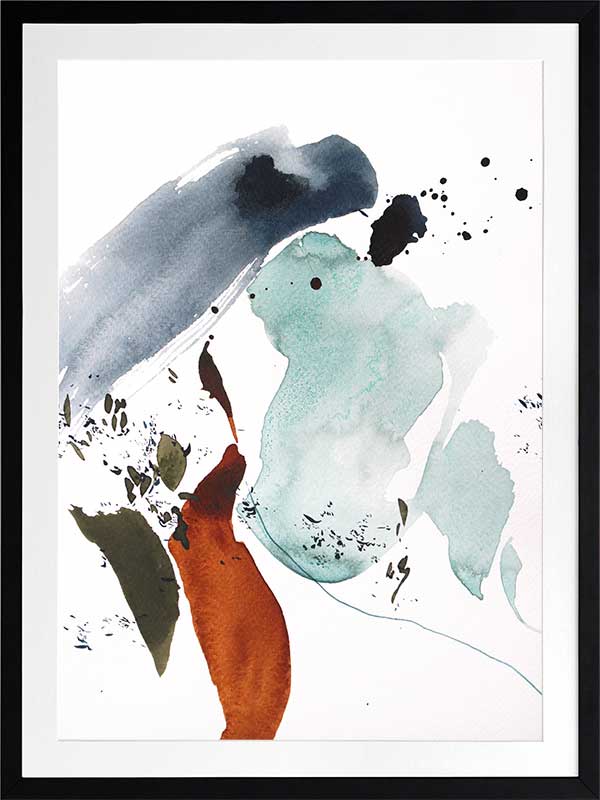 Christina Kwan abstract artwork depicting fluid forms in watery blue, rust, teal, and muted grey tones for serene interiors.