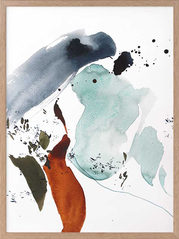 Christina Kwan abstract artwork depicting fluid forms in watery blue, rust, teal, and muted grey tones for serene interiors.