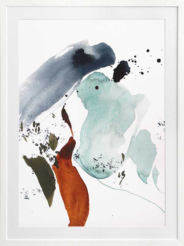 Christina Kwan abstract artwork depicting fluid forms in watery blue, rust, teal, and muted grey tones for serene interiors.