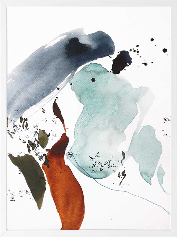 Christina Kwan abstract artwork depicting fluid forms in watery blue, rust, teal, and muted grey tones for serene interiors.