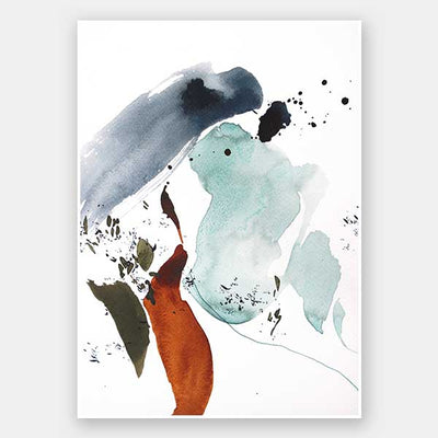 Christina Kwan abstract artwork depicting fluid forms in watery blue, rust, teal, and muted grey tones for serene interiors.