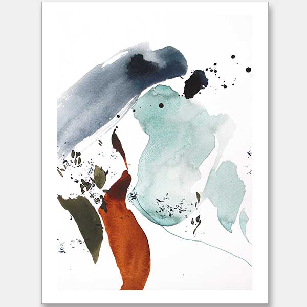 Christina Kwan abstract artwork depicting fluid forms in watery blue, rust, teal, and muted grey tones for serene interiors.