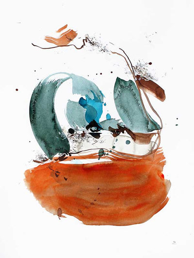 Abstract artwork by Christina Kwan showcasing dynamic strokes in rich orange, deep blue, and teal hues.