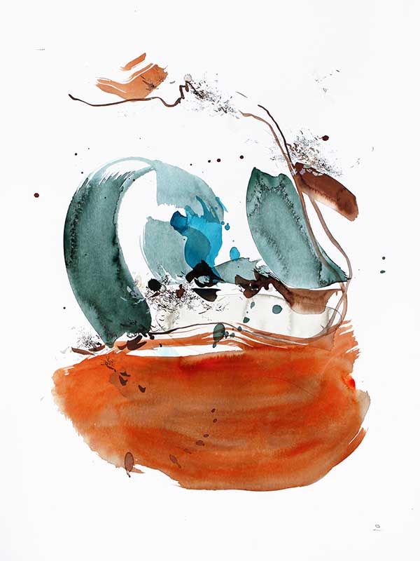 Abstract artwork by Christina Kwan showcasing dynamic strokes in rich orange, deep blue, and teal hues.