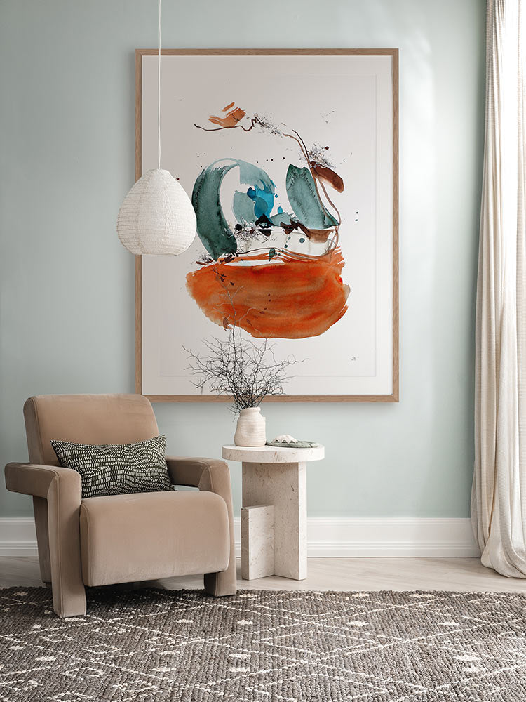 Self Stabilising abstract art styled with armchairs and round timber coffee table in a colourful, light-filled living room.