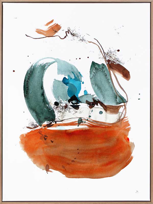 Abstract artwork by Christina Kwan showcasing dynamic strokes in rich orange, deep blue, and teal hues.