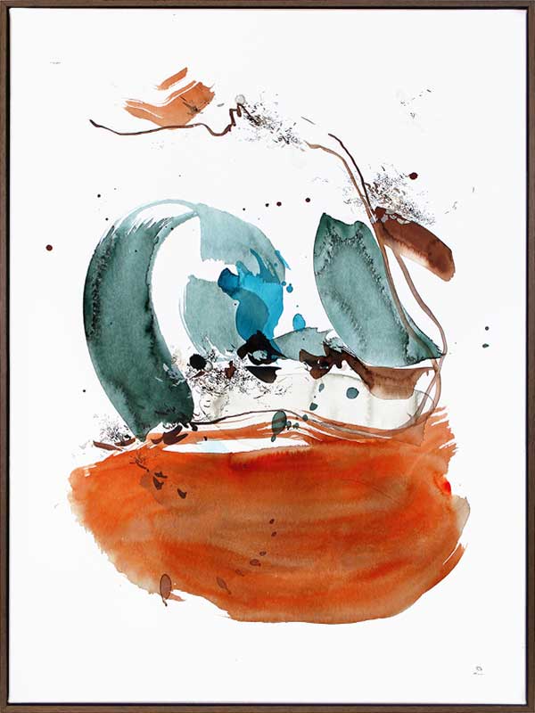 Abstract artwork by Christina Kwan showcasing dynamic strokes in rich orange, deep blue, and teal hues.