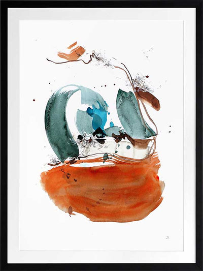 Abstract artwork by Christina Kwan showcasing dynamic strokes in rich orange, deep blue, and teal hues.