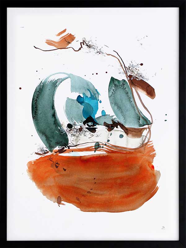 Abstract artwork by Christina Kwan showcasing dynamic strokes in rich orange, deep blue, and teal hues.