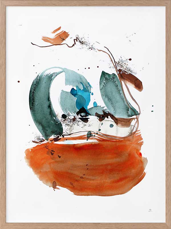 Abstract artwork by Christina Kwan showcasing dynamic strokes in rich orange, deep blue, and teal hues.