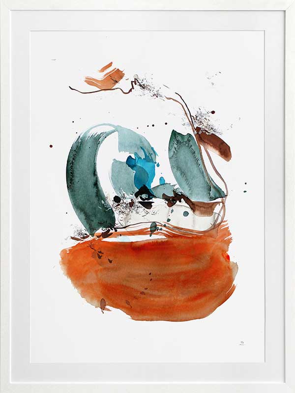 Abstract artwork by Christina Kwan showcasing dynamic strokes in rich orange, deep blue, and teal hues.