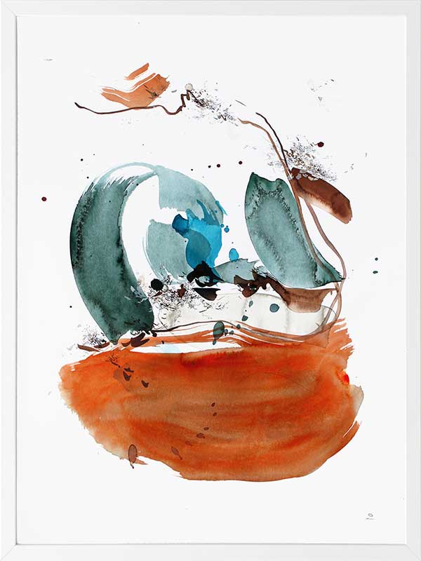 Abstract artwork by Christina Kwan showcasing dynamic strokes in rich orange, deep blue, and teal hues.