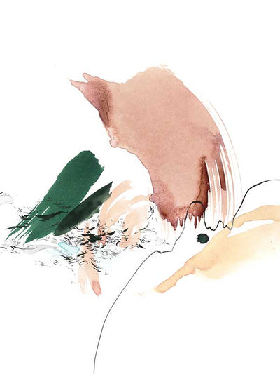 Christina Kwan abstract artwork with graceful forms and lines in blush pink, warm neutrals, and deep green tones.