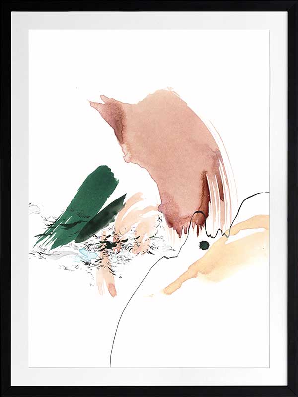 Christina Kwan abstract artwork with graceful forms and lines in blush pink, warm neutrals, and deep green tones.