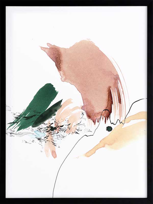 Christina Kwan abstract artwork with graceful forms and lines in blush pink, warm neutrals, and deep green tones.