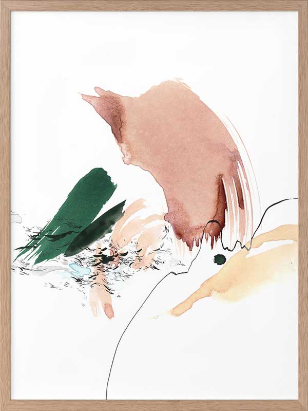 Christina Kwan abstract artwork with graceful forms and lines in blush pink, warm neutrals, and deep green tones.