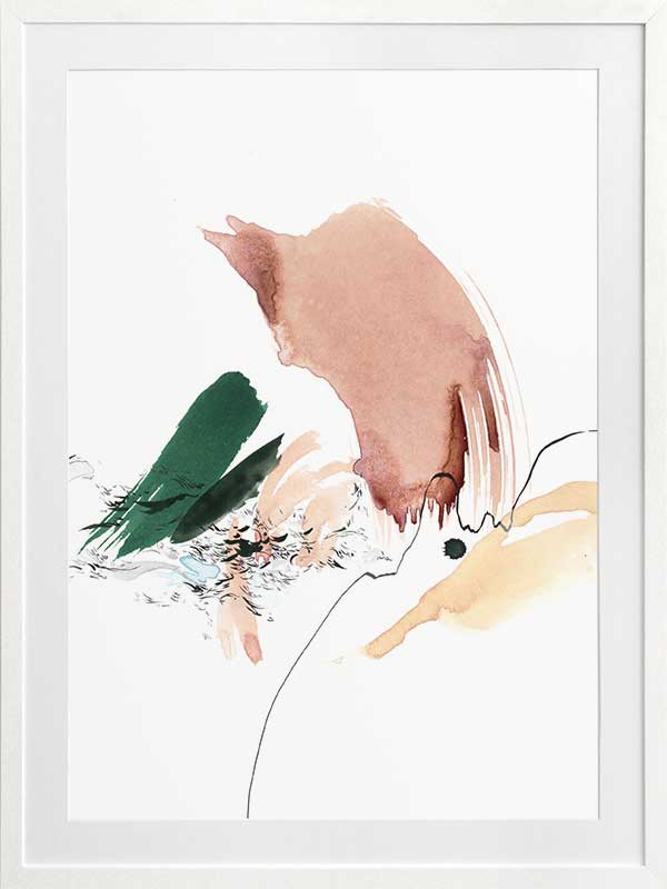 Christina Kwan abstract artwork with graceful forms and lines in blush pink, warm neutrals, and deep green tones.