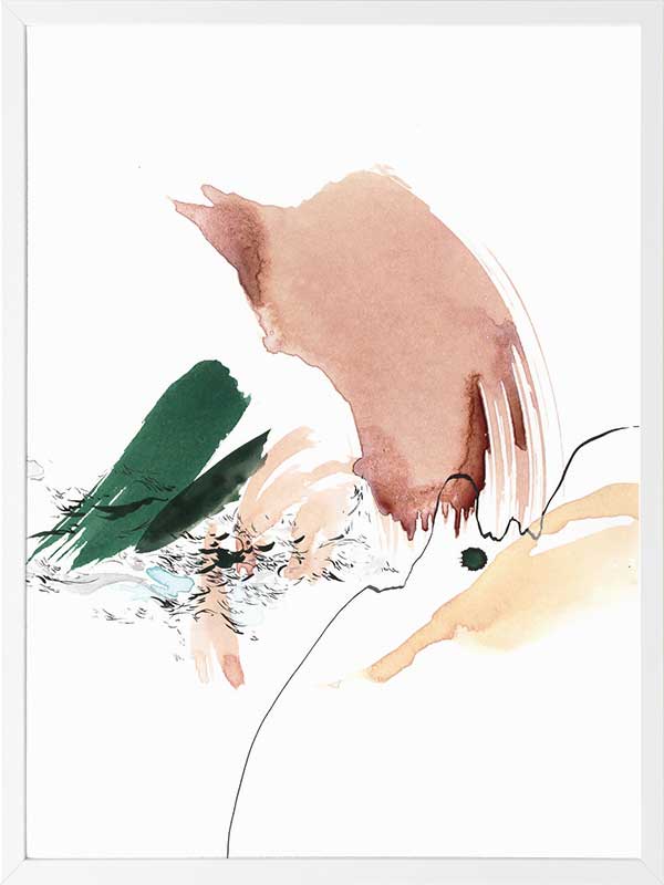 Christina Kwan abstract artwork with graceful forms and lines in blush pink, warm neutrals, and deep green tones.