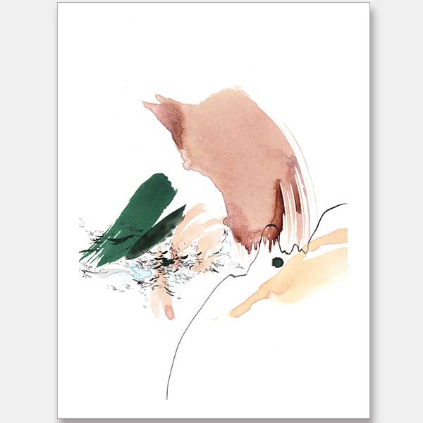 Christina Kwan abstract artwork with graceful forms and lines in blush pink, warm neutrals, and deep green tones.