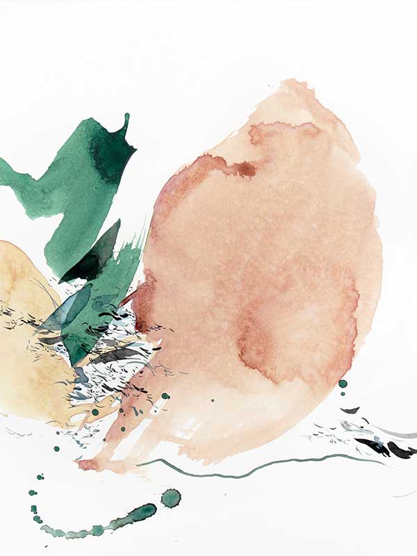 Abstract artwork by Christina Kwan in blush, neutrals, and muted greens with lines and brush strokes evoking soft sunlight.