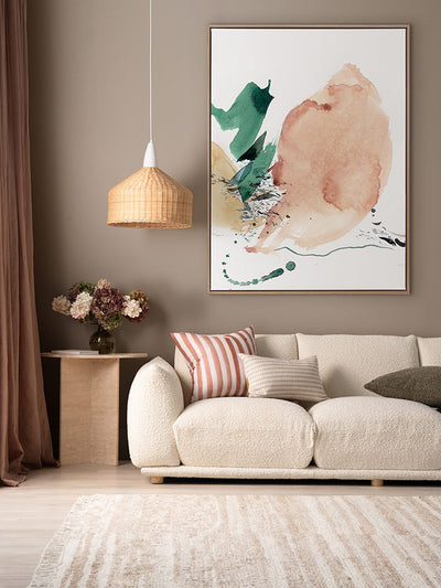 A retro-style botanical art print titled California Peaches, featuring a vibrant peach illustration with golden vintage typography on a soft pink backdrop.