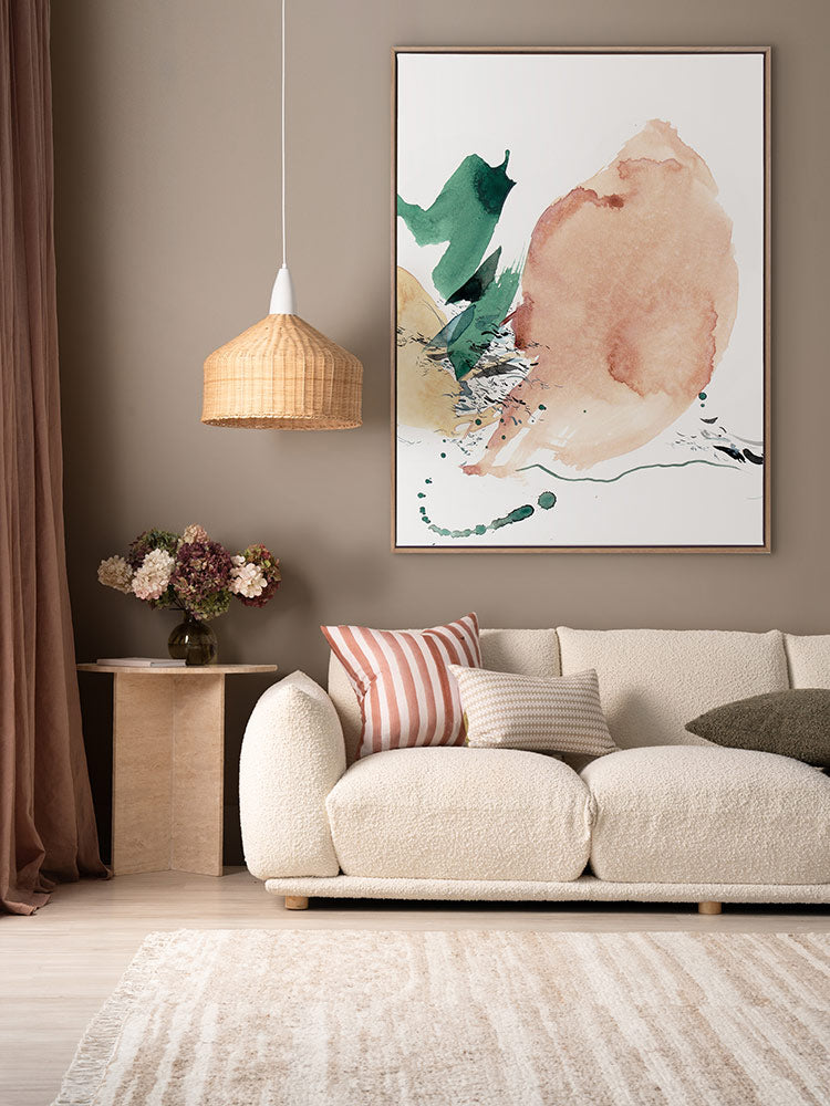 A retro-style botanical art print titled California Peaches, featuring a vibrant peach illustration with golden vintage typography on a soft pink backdrop.