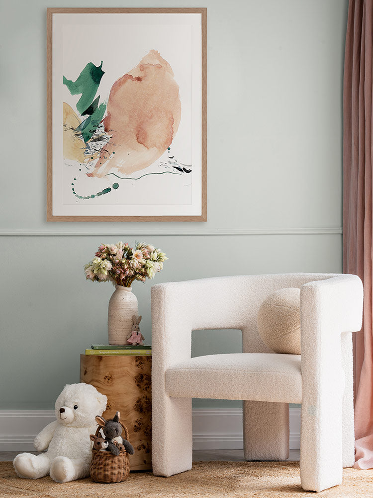 A retro-style botanical art print titled California Peaches, featuring a vibrant peach illustration with golden vintage typography on a soft pink backdrop.