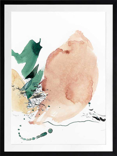 Abstract artwork by Christina Kwan in blush, neutrals, and muted greens with lines and brush strokes evoking soft sunlight.