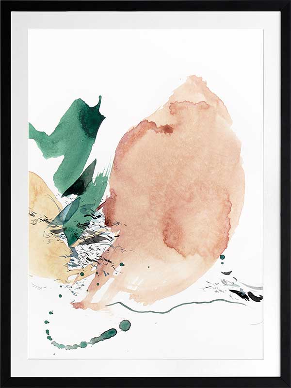 Abstract artwork by Christina Kwan in blush, neutrals, and muted greens with lines and brush strokes evoking soft sunlight.