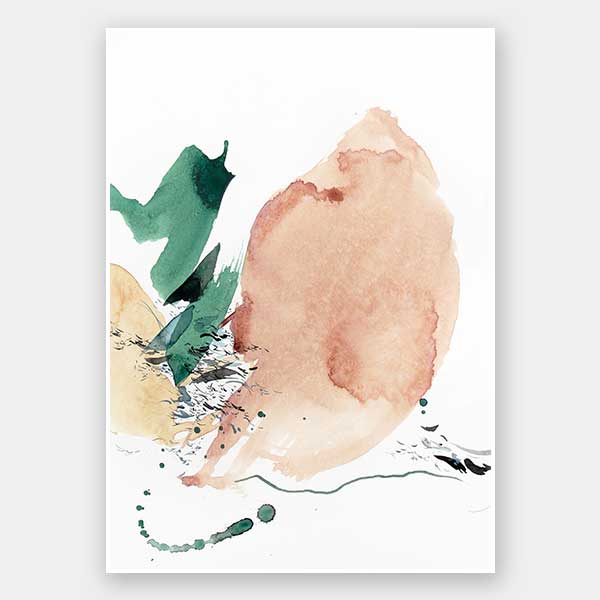 Abstract artwork by Christina Kwan in blush, neutrals, and muted greens with lines and brush strokes evoking soft sunlight.
