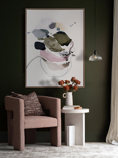 Abstract artwork by Christina Kwan in vibrant teal, deep blue, blush, and earthy neutrals, capturing dynamic movement.